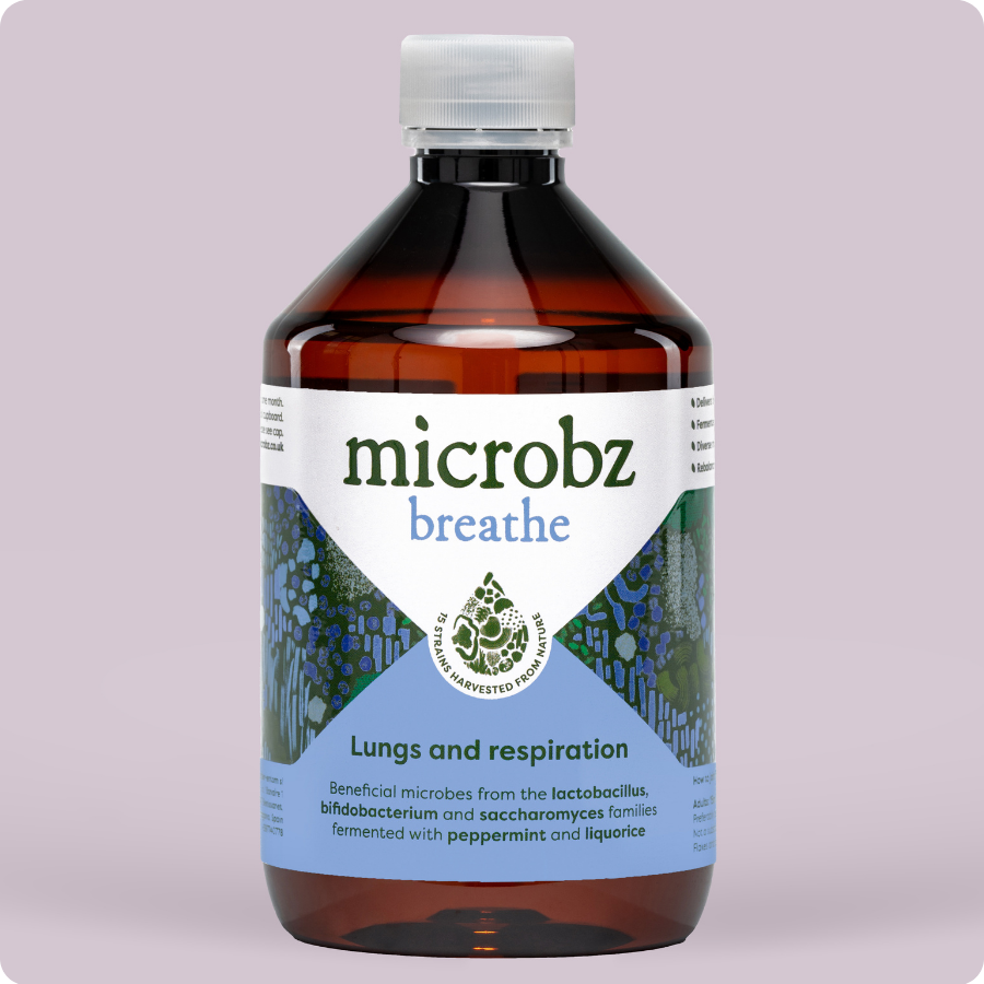 bottle of microbz breathe living liquid probiotics to support lungs and respiration
