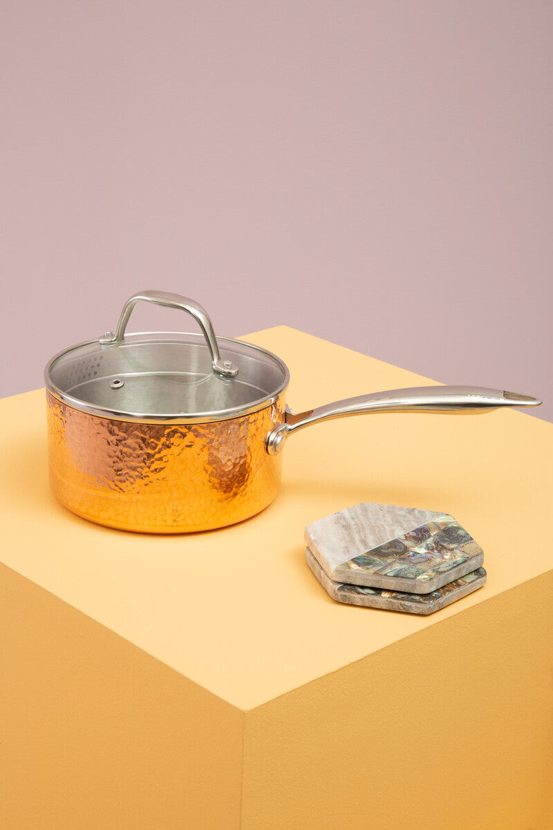 Minerva Small 16 cm Hammered Copper Finish Saucepan with Lid