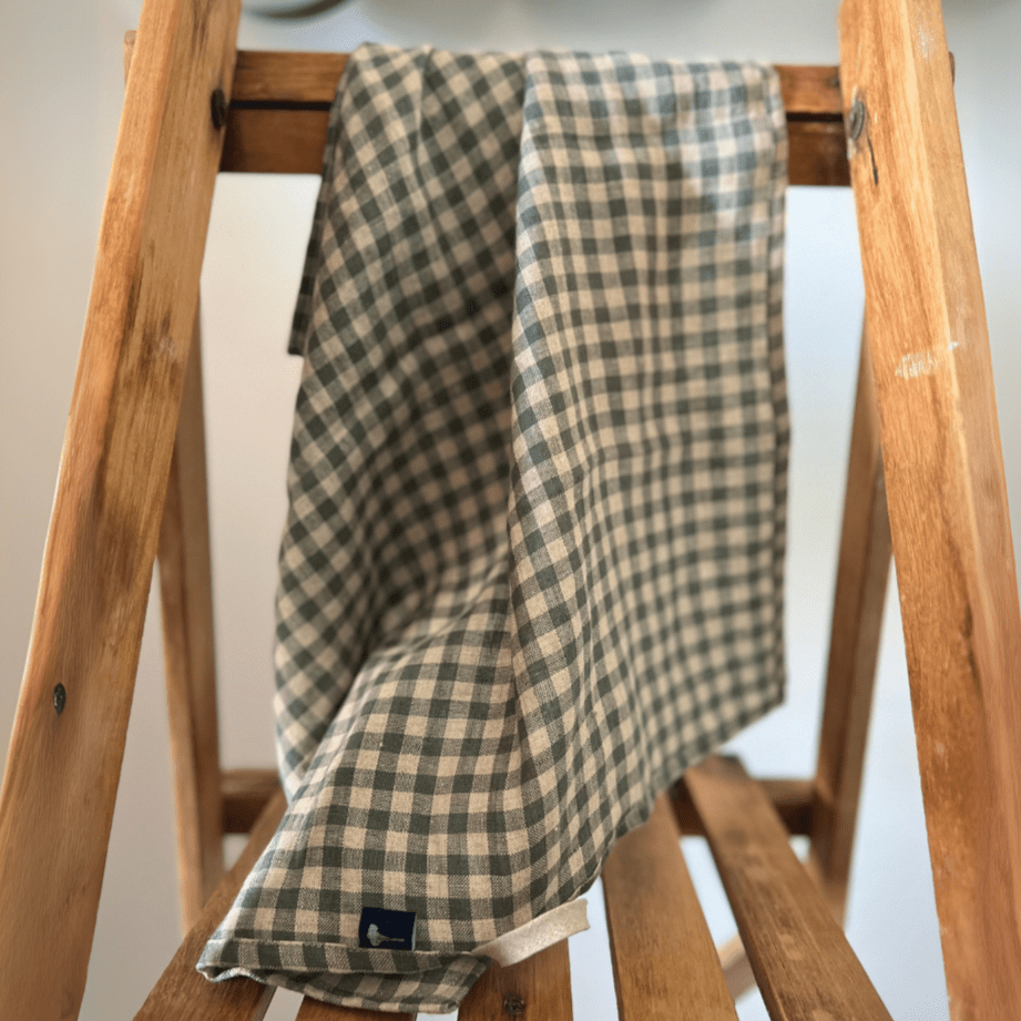 Sea Green Check Linen Tea Towel