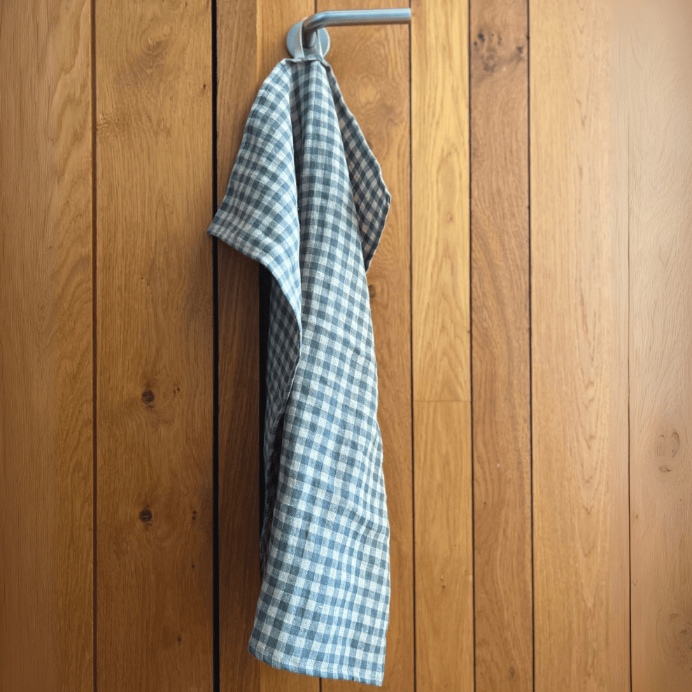Sea Green Check Linen Tea Towel