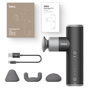 Breo S1 Deep Tissue Massage Gun – Ultra Quiet 4-Speed Mini Massager, 4 Heads, Long Battery, USB-C Portable Relief
