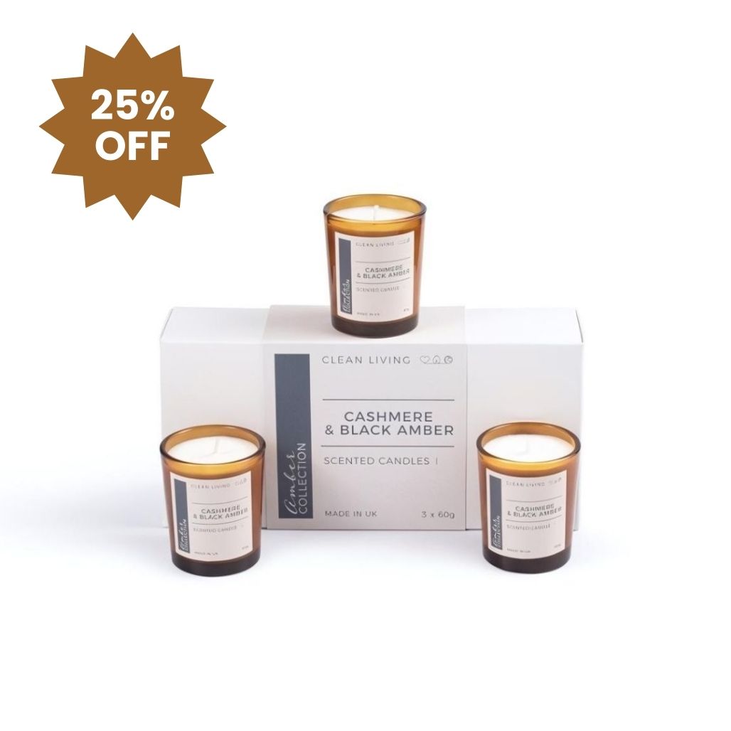 3 x 6cl Amber Glass Candles with Cashmere & Black Amber Fragrance