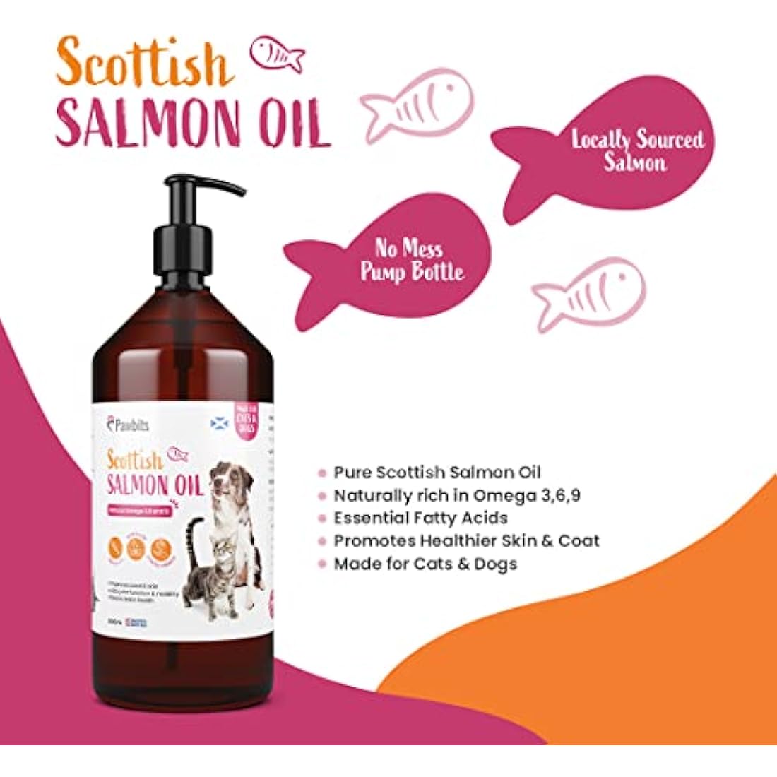 Pawbits 1 Litre Scottish Salmon Oil For Cats & Dogs - Natural Omega 3+6+9, Healthy Coat & Immune System Fish Oil by The Hackers Market | The Hackers Market