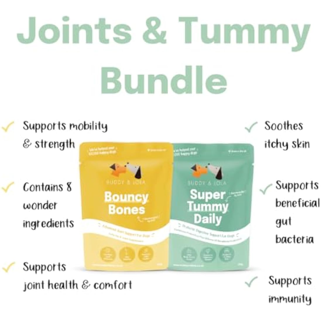 Buddy & Lola Joints and Tummy Bundle for Dogs - High CFU Count, Plant-Based Dog Probiotics for Gut Health - Dog Probiotic Powder with Prebiotics for Skin Health & Joint Support Supplement by The Hackers Market | The Hackers Market