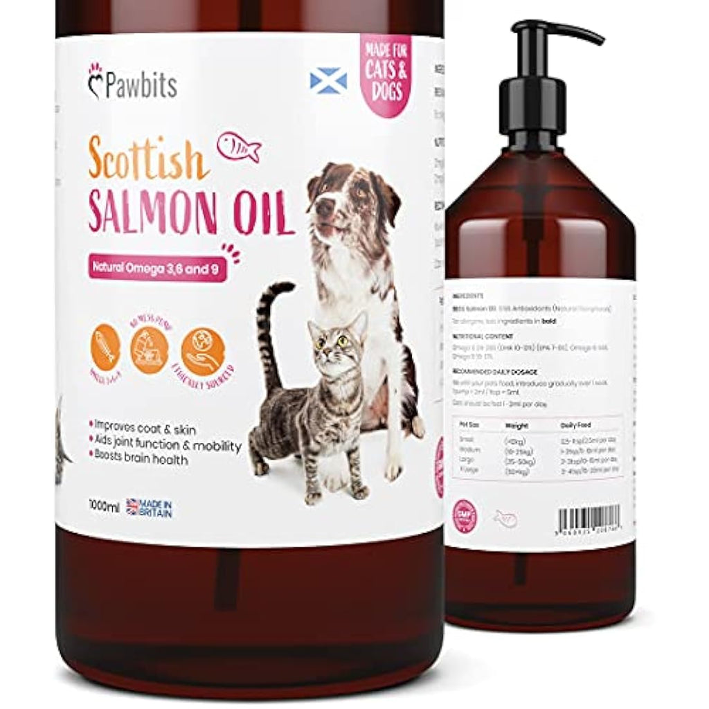 Pawbits 1 Litre Scottish Salmon Oil For Cats & Dogs - Natural Omega 3+6+9, Healthy Coat & Immune System Fish Oil by The Hackers Market | The Hackers Market