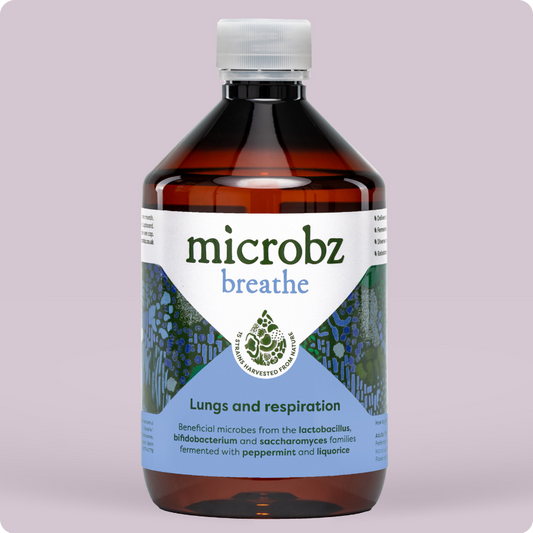 bottle of microbz breathe living liquid probiotics to support lungs and respiration