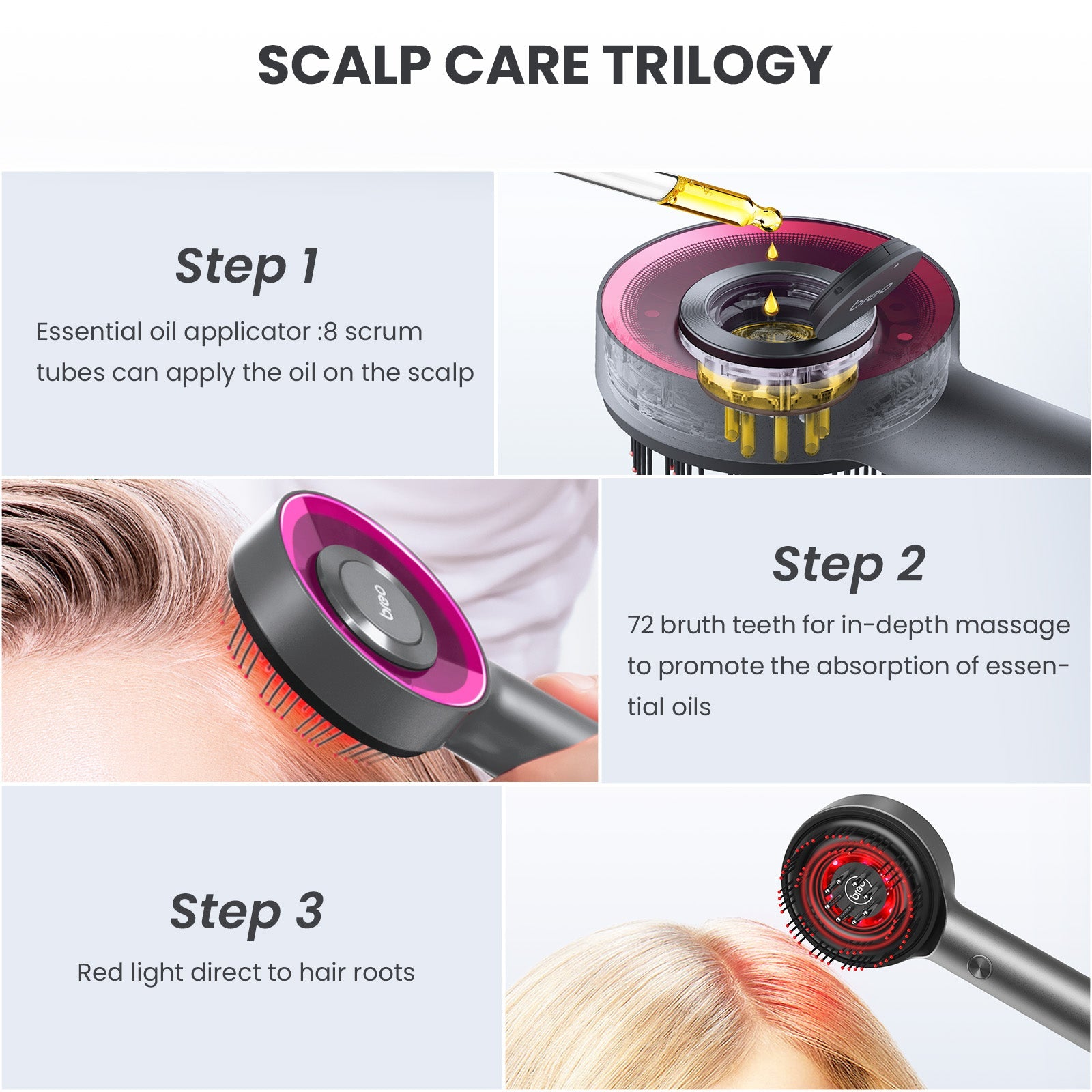 Breo Scalp 3 Electric Scalp Massager Brush with Red Light & Oil Applicator for Scalp Care