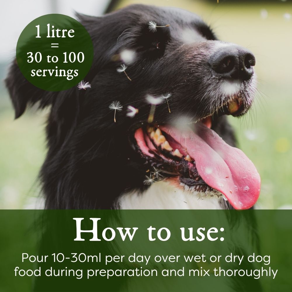 Instructions on how to use our dog nutrition. 10 to 30ml daily, comes in a 1L bottle which is approx 30-100 servings. Mix thoroughly