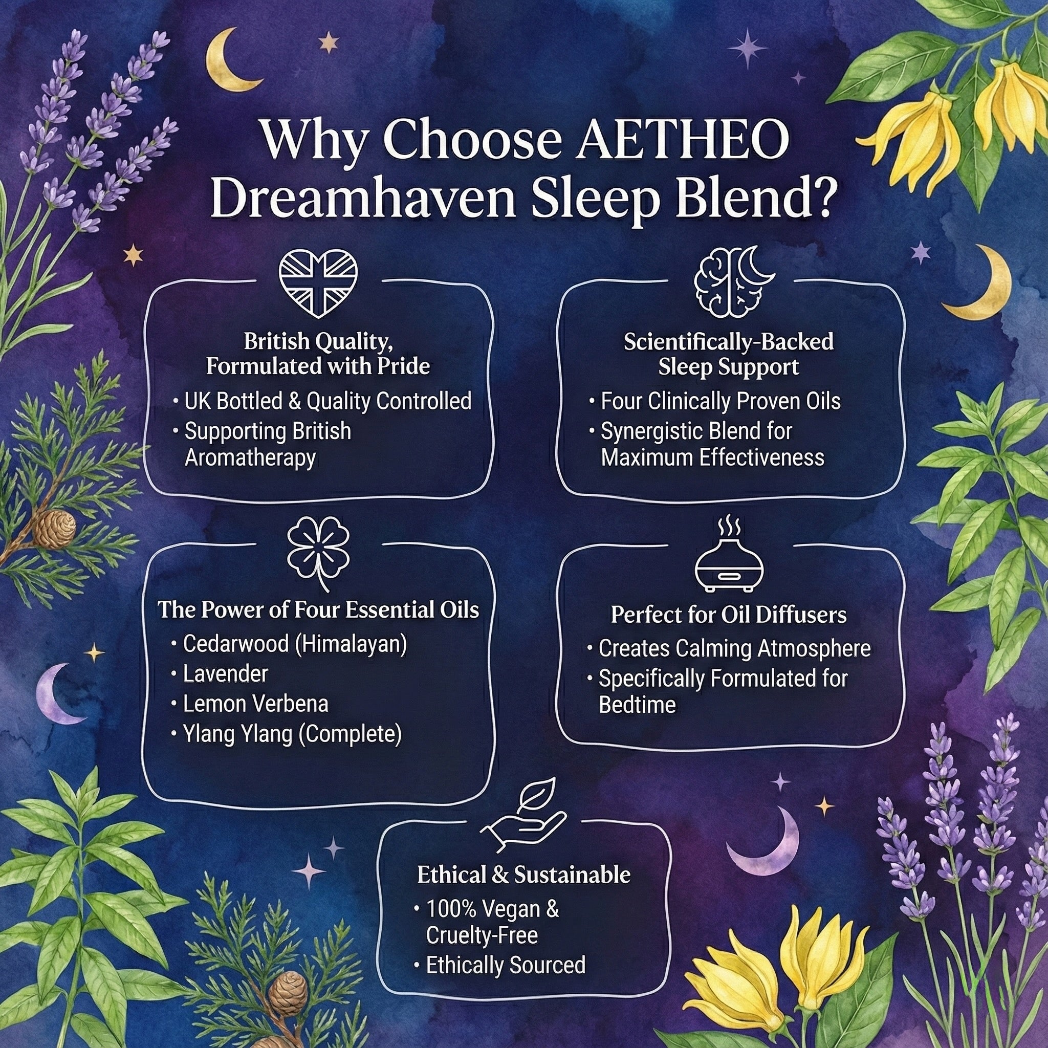 Aetheo Dreamhaven Sleep Blend Essential Oil 10ml | 100% Pure Aromatherapy for Sleep & Relaxation | UK Bottled Cedarwood, Lavender, Lemon Verbena & Ylang Ylang | Vegan & Cruelty-Free