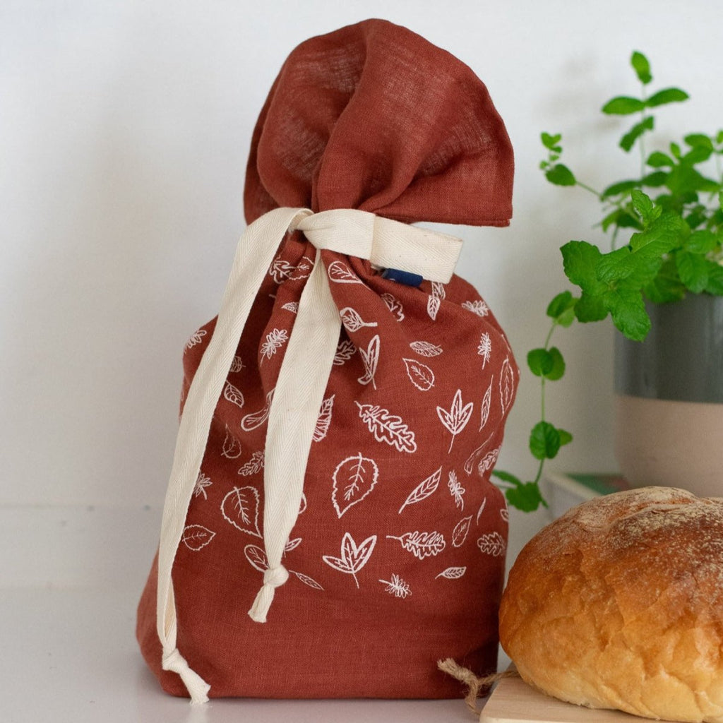 Leaf Bread Bag Hand Printed In Pure Linen