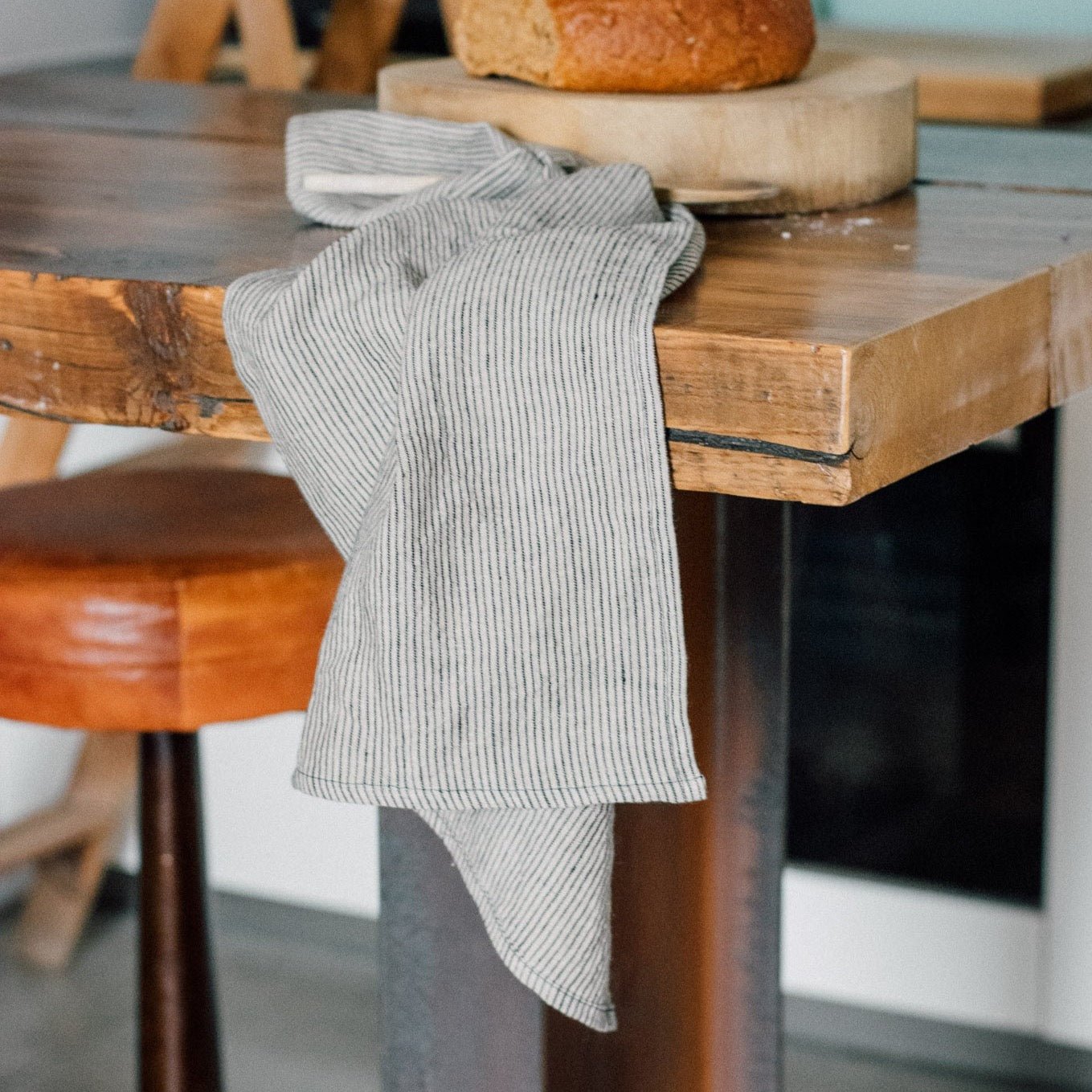 Pure Linen Tea Towel - Dark Blue Stripes