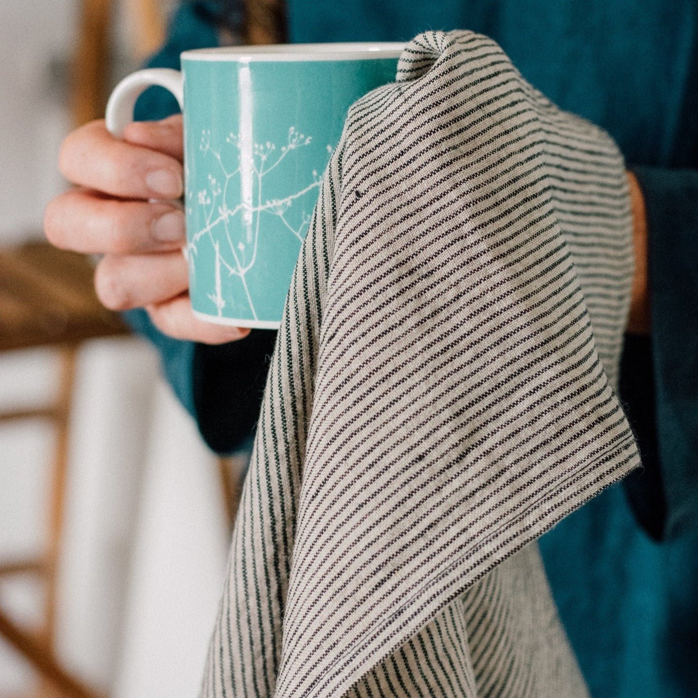 Pure Linen Tea Towel - Dark Blue Stripes