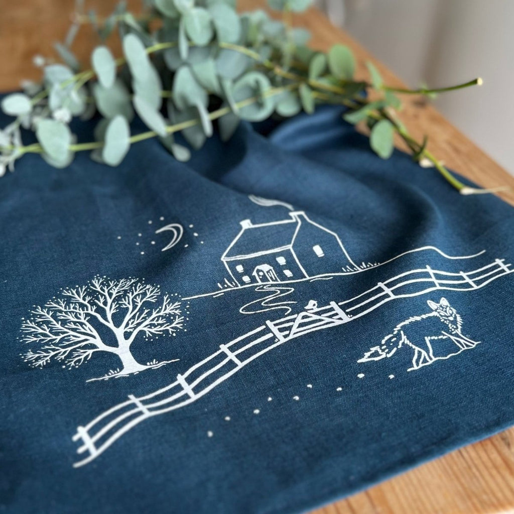 Winter Fox Linen Tea Towel