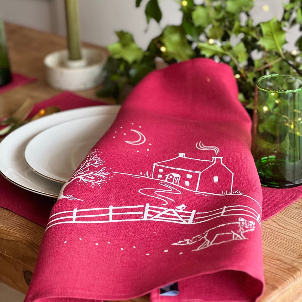 Winter Fox Linen Tea Towel