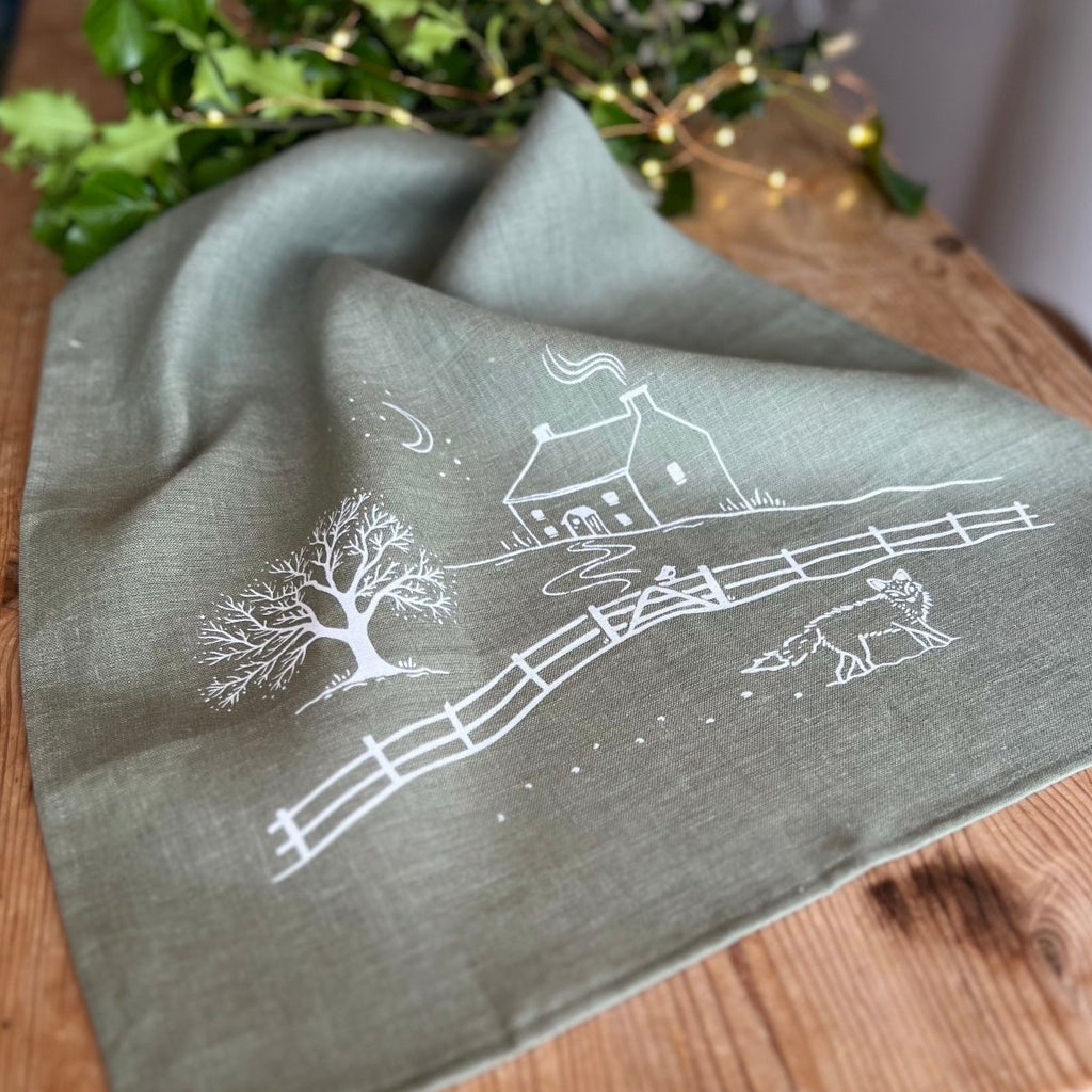 Winter Fox Linen Tea Towel