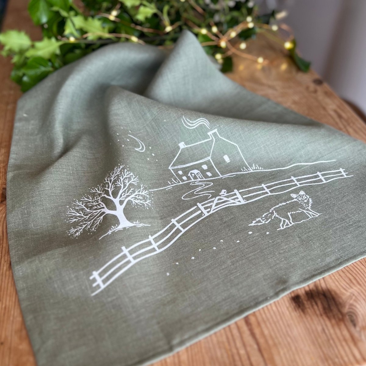 Winter Fox Linen Tea Towel