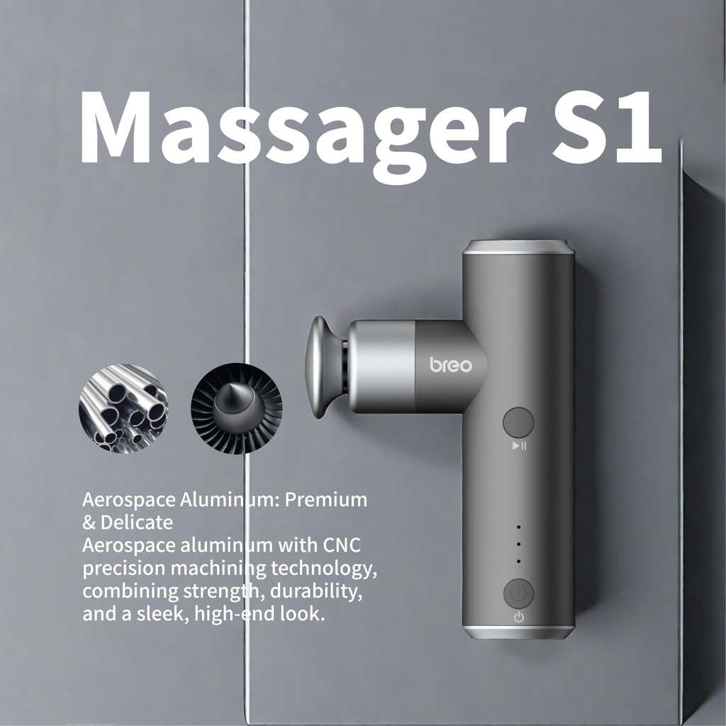 Breo S1 Deep Tissue Massage Gun – Ultra Quiet 4-Speed Mini Massager, 4 Heads, Long Battery, USB-C Portable Relief