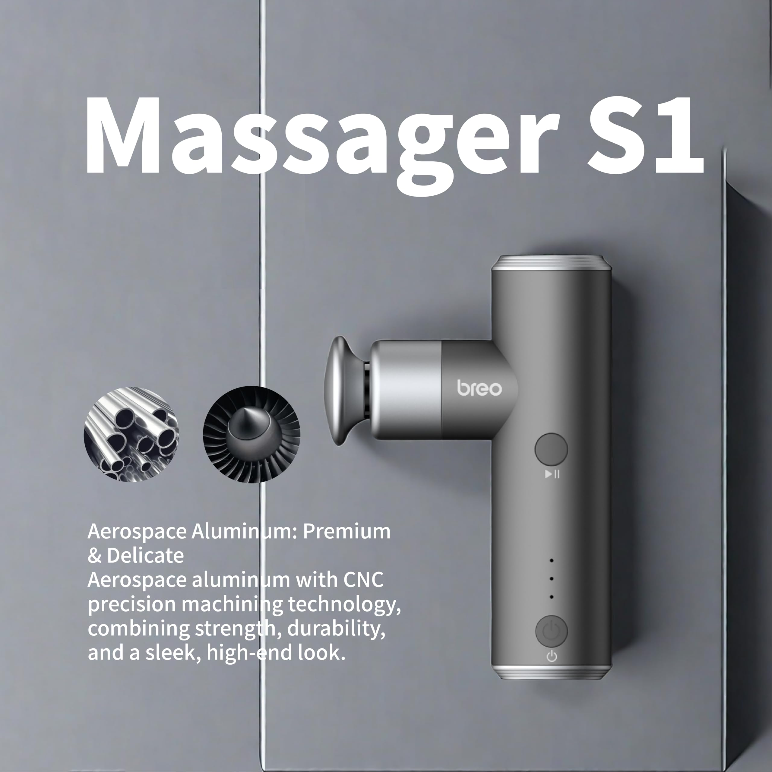 Breo S1 Deep Tissue Massage Gun – Ultra Quiet 4-Speed Mini Massager, 4 Heads, Long Battery, USB-C Portable Relief