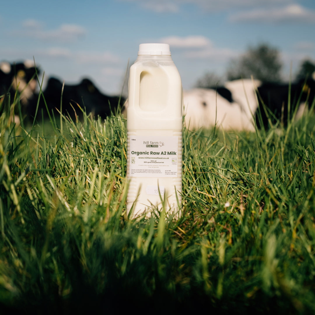 A litre bottle of Hill Farm Real Food organic raw A2 milk with a field of cows in the background.