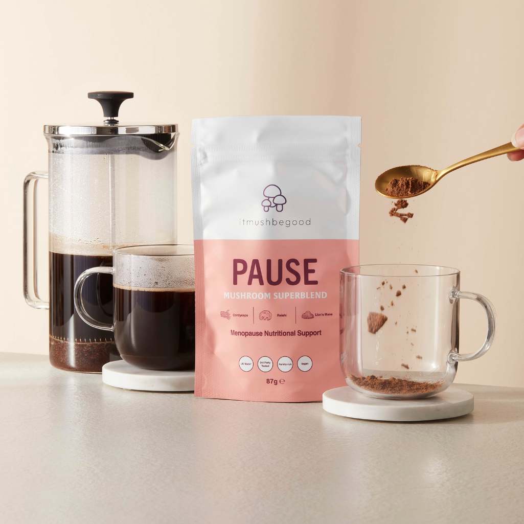 Pause menopause supplement packet with coffee press and mugs