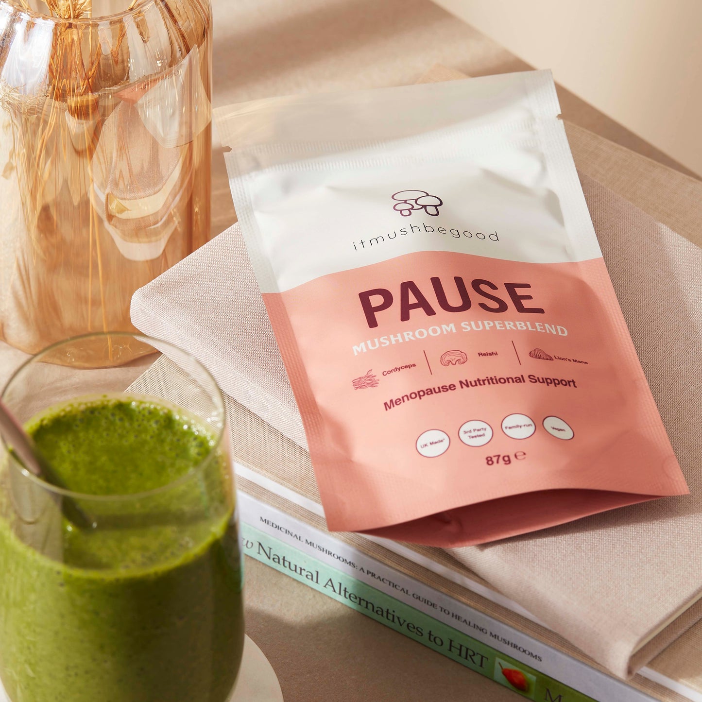 Pause sachets on menopause support books and a supergreen smoothie
