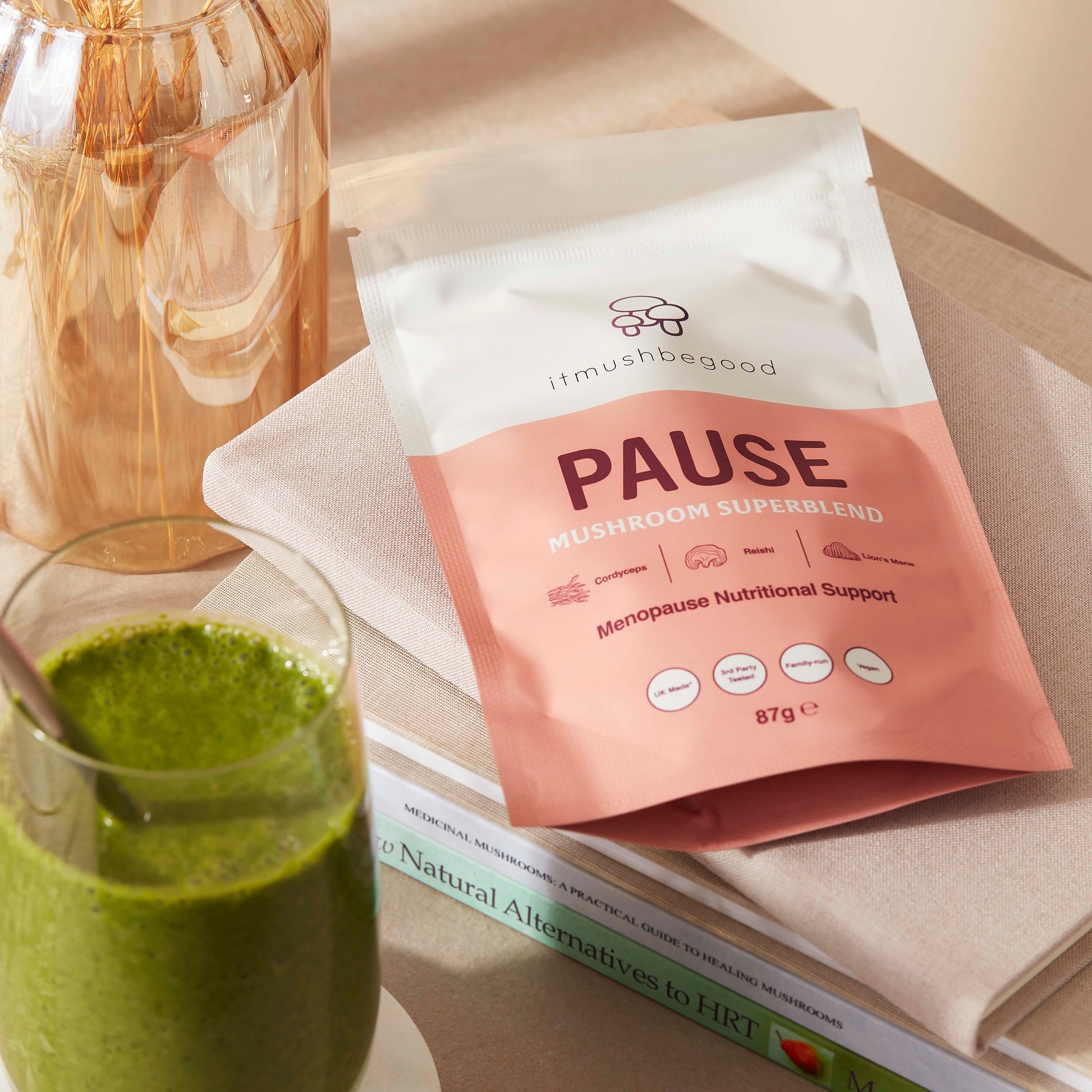 Pause sachets on menopause support books and a supergreen smoothie