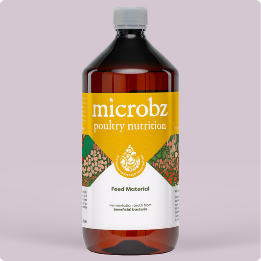 bottle of microbz poultry nutrition living liquid probiotic for healthy chickens and chicks