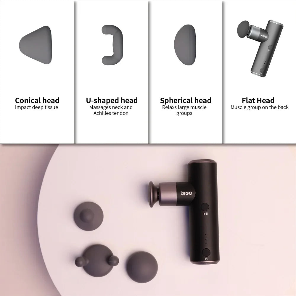 Breo S1 Deep Tissue Massage Gun – Ultra Quiet 4-Speed Mini Massager, 4 Heads, Long Battery, USB-C Portable Relief