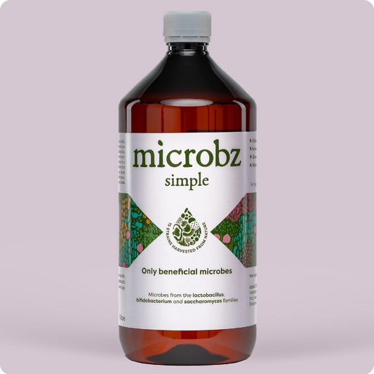 bottle of microbz simple living liquid probiotic to support digestion