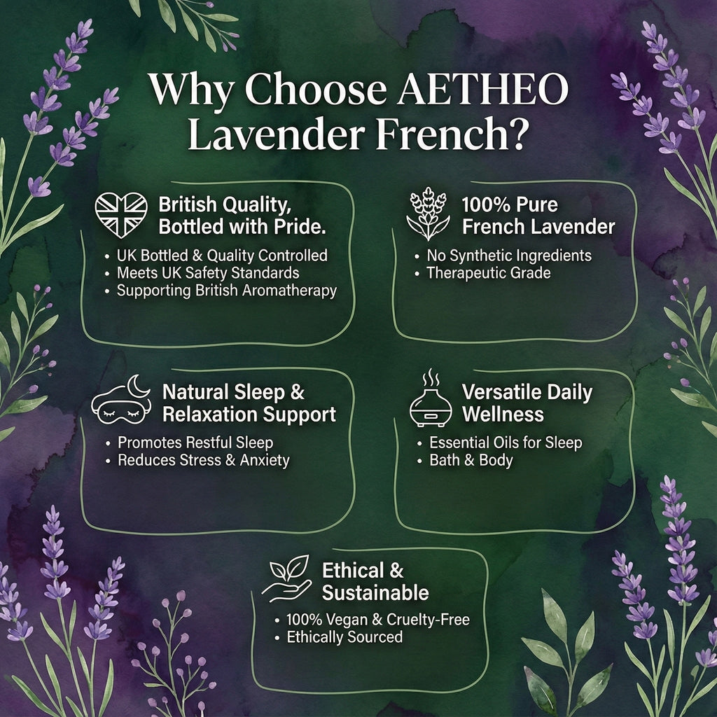 Aetheo Lavender French Essential Oil 10ml | 100% Pure Aromatherapy Oil for Sleep & Relaxation | UK Bottled Professional Grade | Vegan & Cruelty-Free