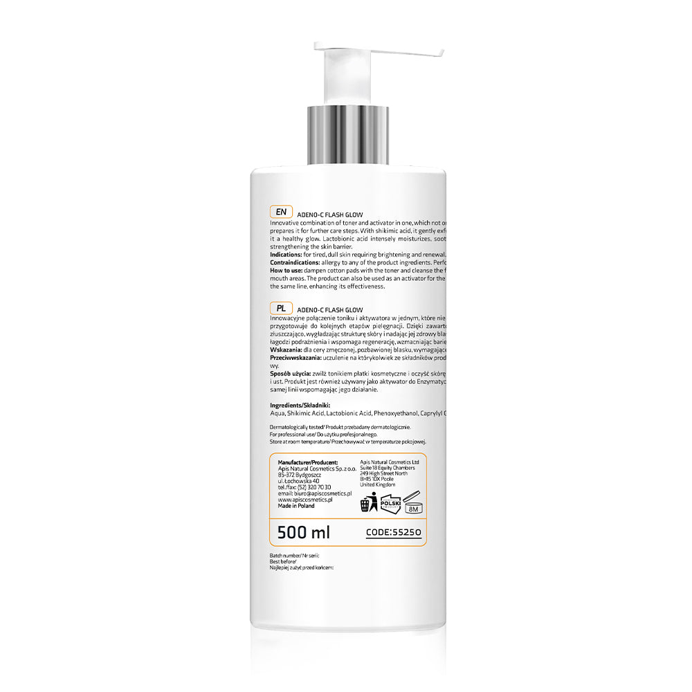 ADENO-C Flash Glow - Brightening Toner & Activator 2in1 with shikimic acid & lactobionic acid 500ml by APIS | The Hackers Market