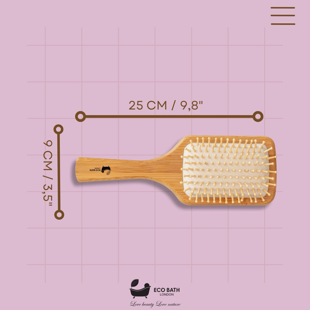 Eco Bath London Bamboo Hairbrush with Wooden Pins - Eco-Friendly Paddle Detangler for Long, Thick, and Curly Hair