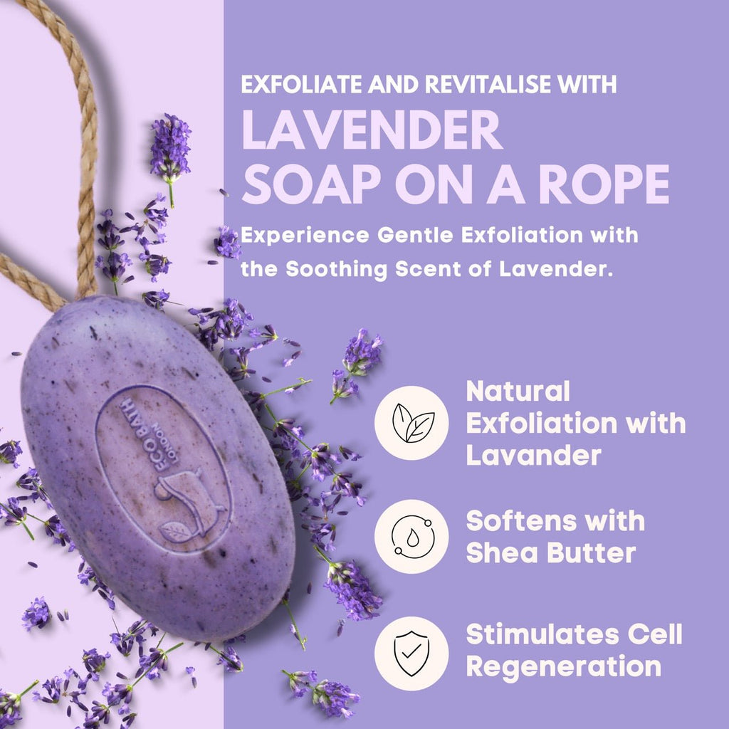 Eco Bath London Lavender Soap on a Rope 220g -  Luxurious and Eco Friendly Relaxing Body Wash Bar with Shea Butter