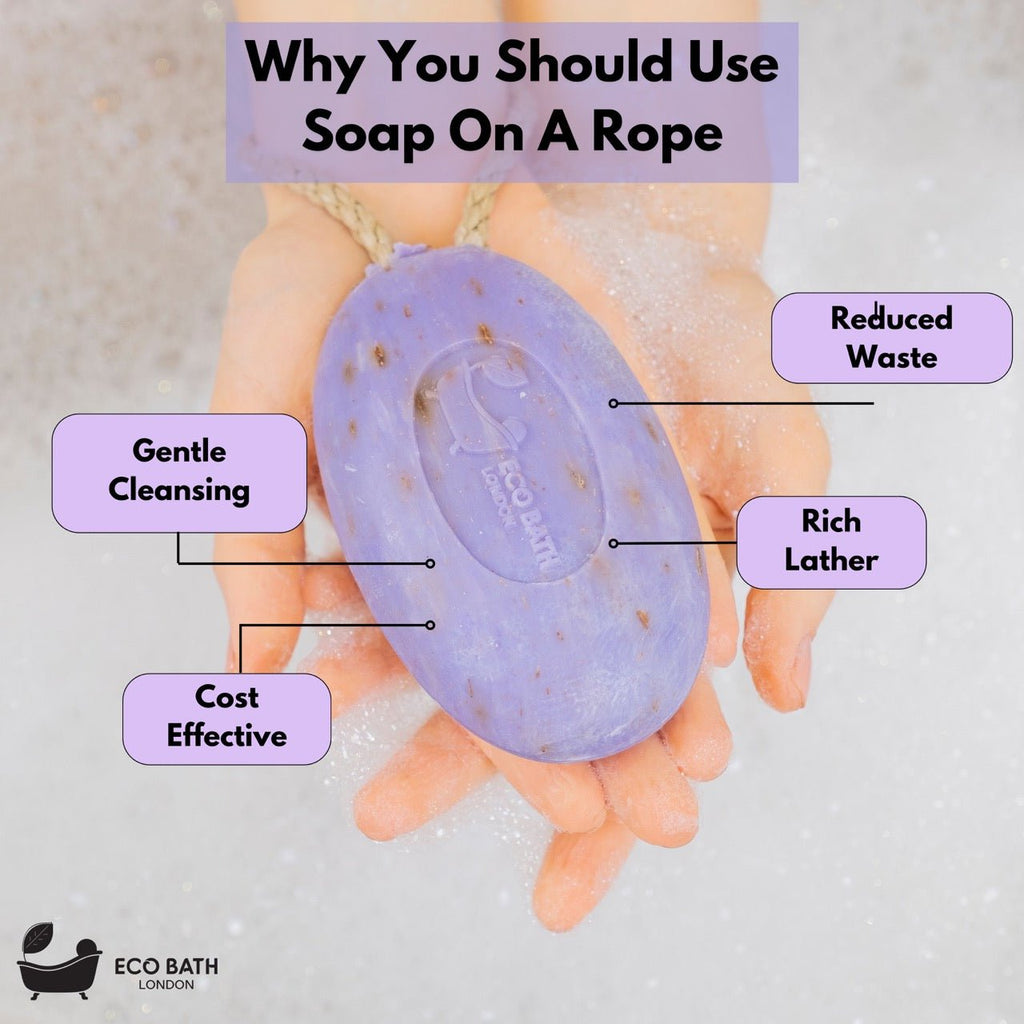 Eco Bath London Lavender Soap on a Rope 220g -  Luxurious and Eco Friendly Relaxing Body Wash Bar with Shea Butter