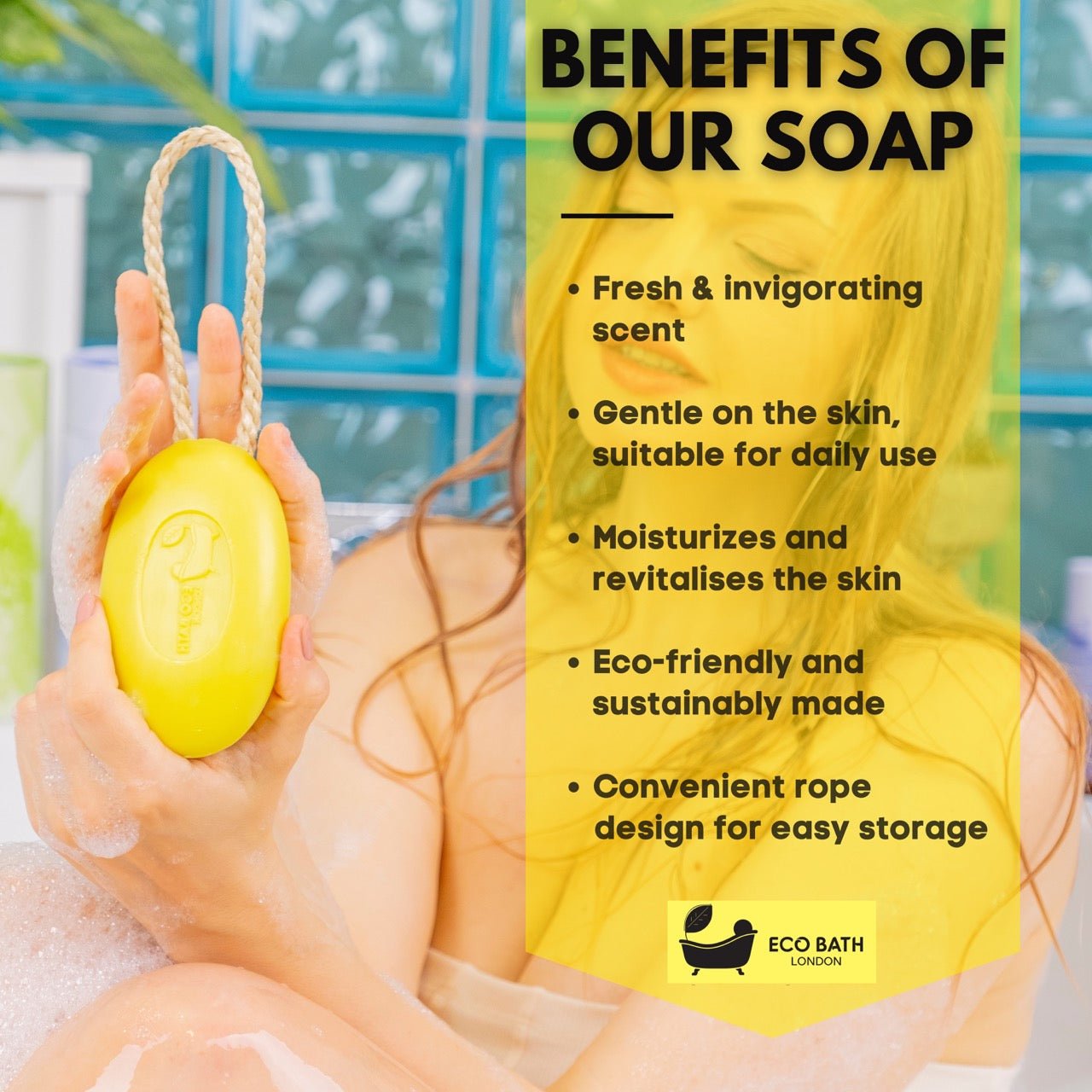 Eco Bath London Lime Soap on a Rope 220g - Luxury Eco-Friendly Lime Soap, Refreshing Body Wash Bar with Shea Butter