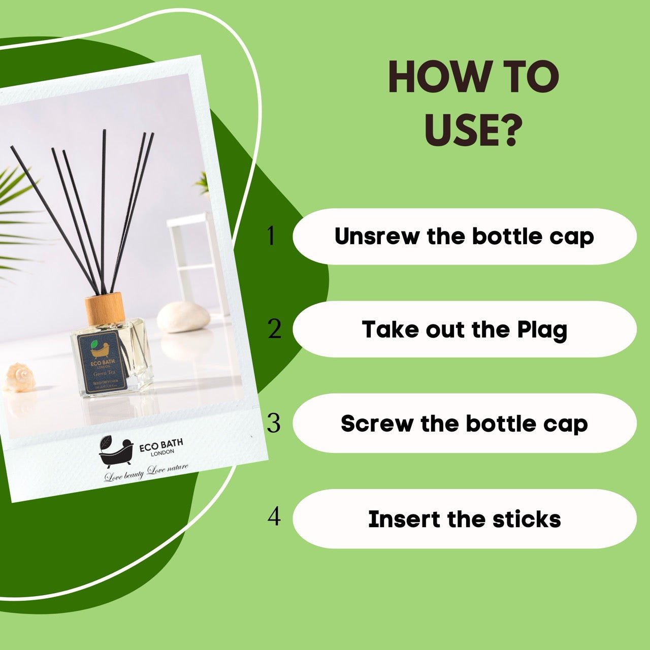 Eco Bath London Green Tea Reed Diffuser - Refreshing Room Fragrance with Notes of Bergamot and Green Tea, 100ml (3.38 Fl.Oz)