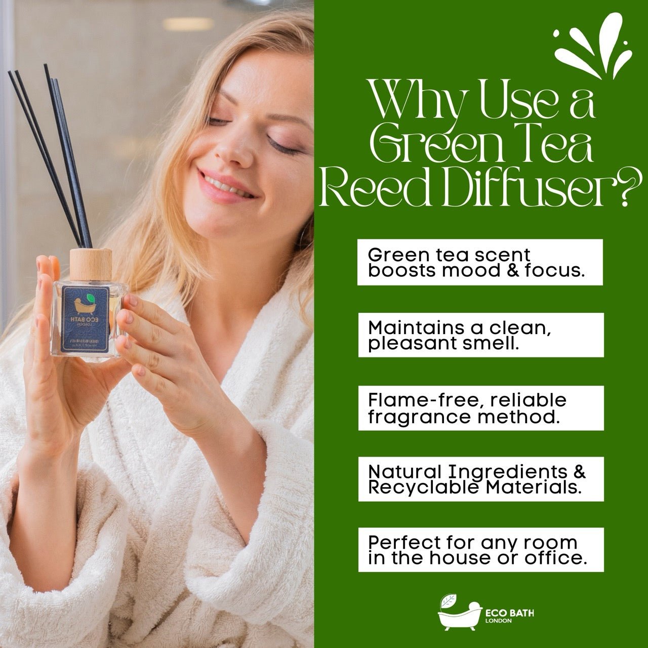 Eco Bath London Green Tea Reed Diffuser - Refreshing Room Fragrance with Notes of Bergamot and Green Tea, 100ml (3.38 Fl.Oz)