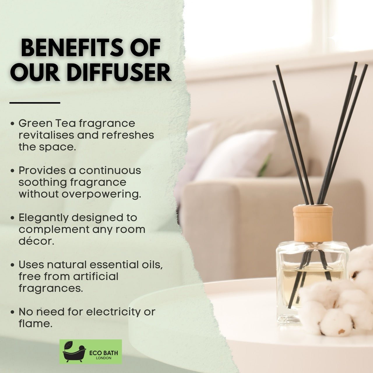 Eco Bath London Green Tea Reed Diffuser - Refreshing Room Fragrance with Notes of Bergamot and Green Tea, 100ml (3.38 Fl.Oz)