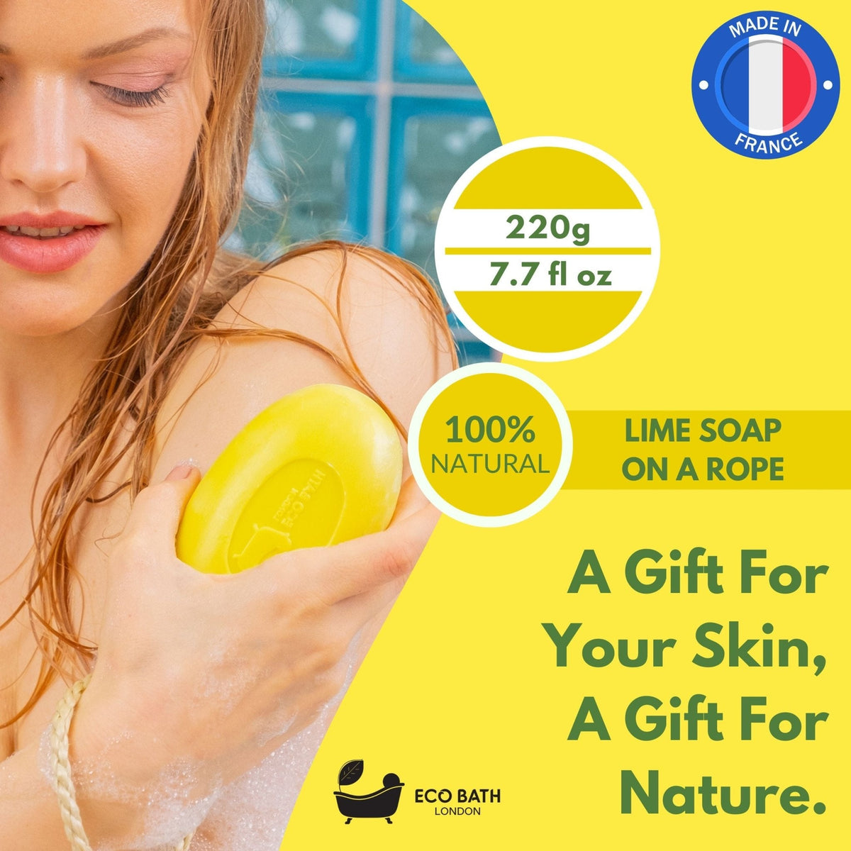 Eco Bath London Lime Soap on a Rope 220g - Luxury Eco-Friendly Lime Soap, Refreshing Body Wash Bar with Shea Butter