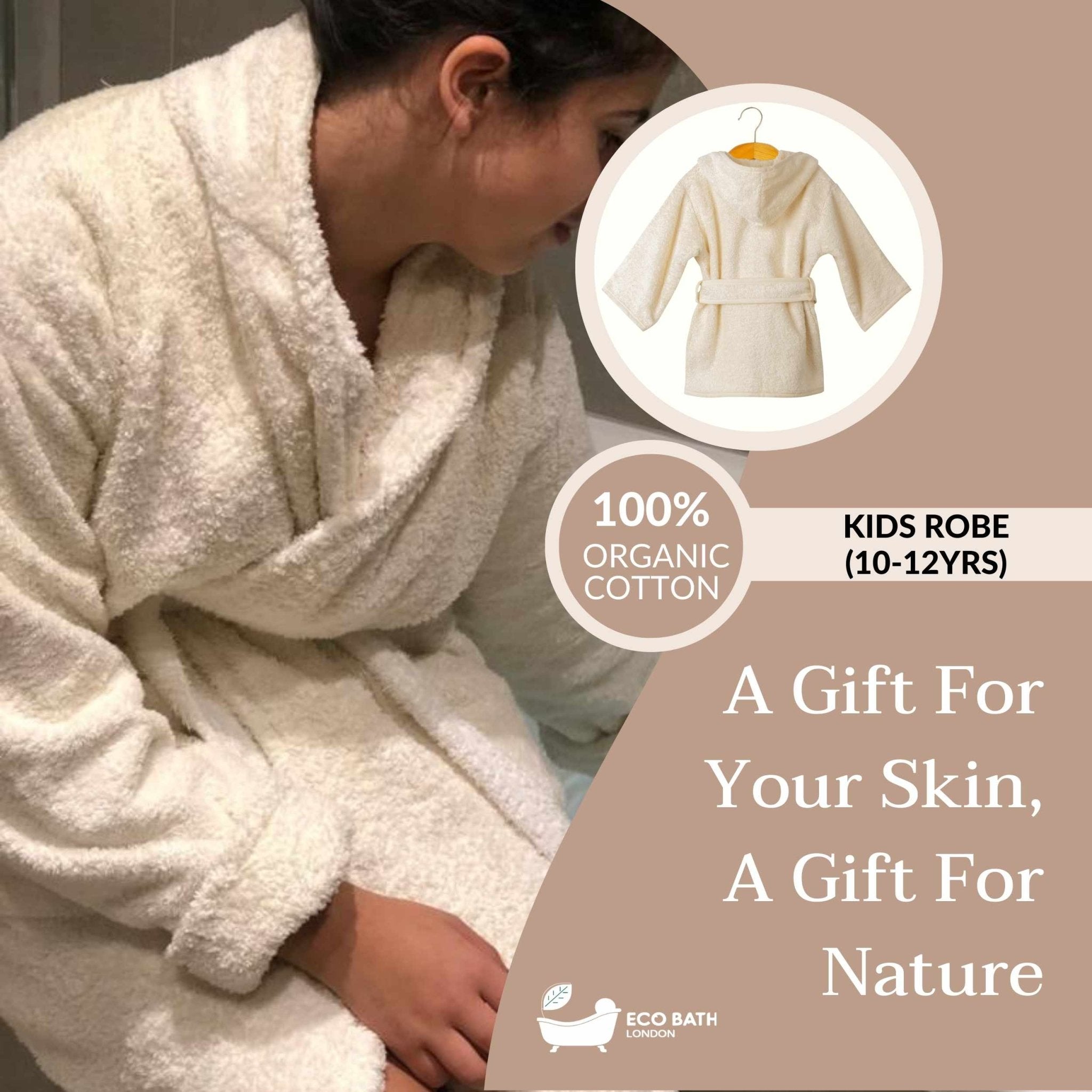 Eco Bath London Organic Cotton Kids Robe (10-12 Years) - Hooded, 100% Certified Organic Cotton