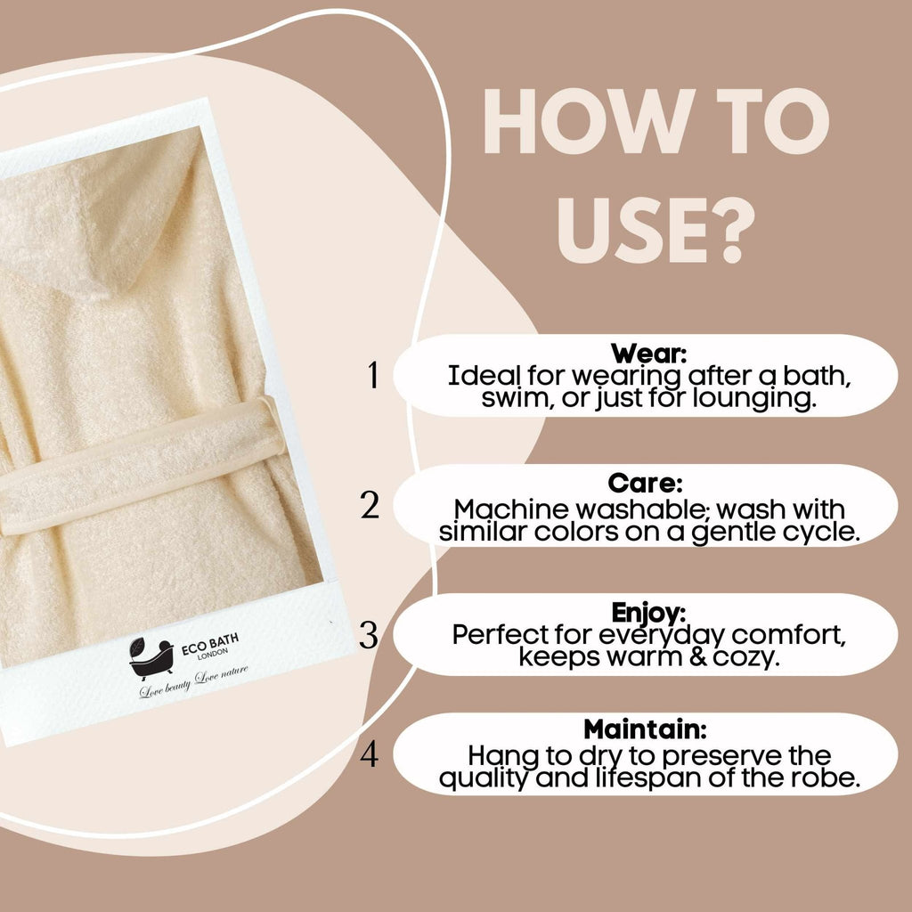 Eco Bath London Organic Cotton Kids Robe (10-12 Years) - Hooded, 100% Certified Organic Cotton