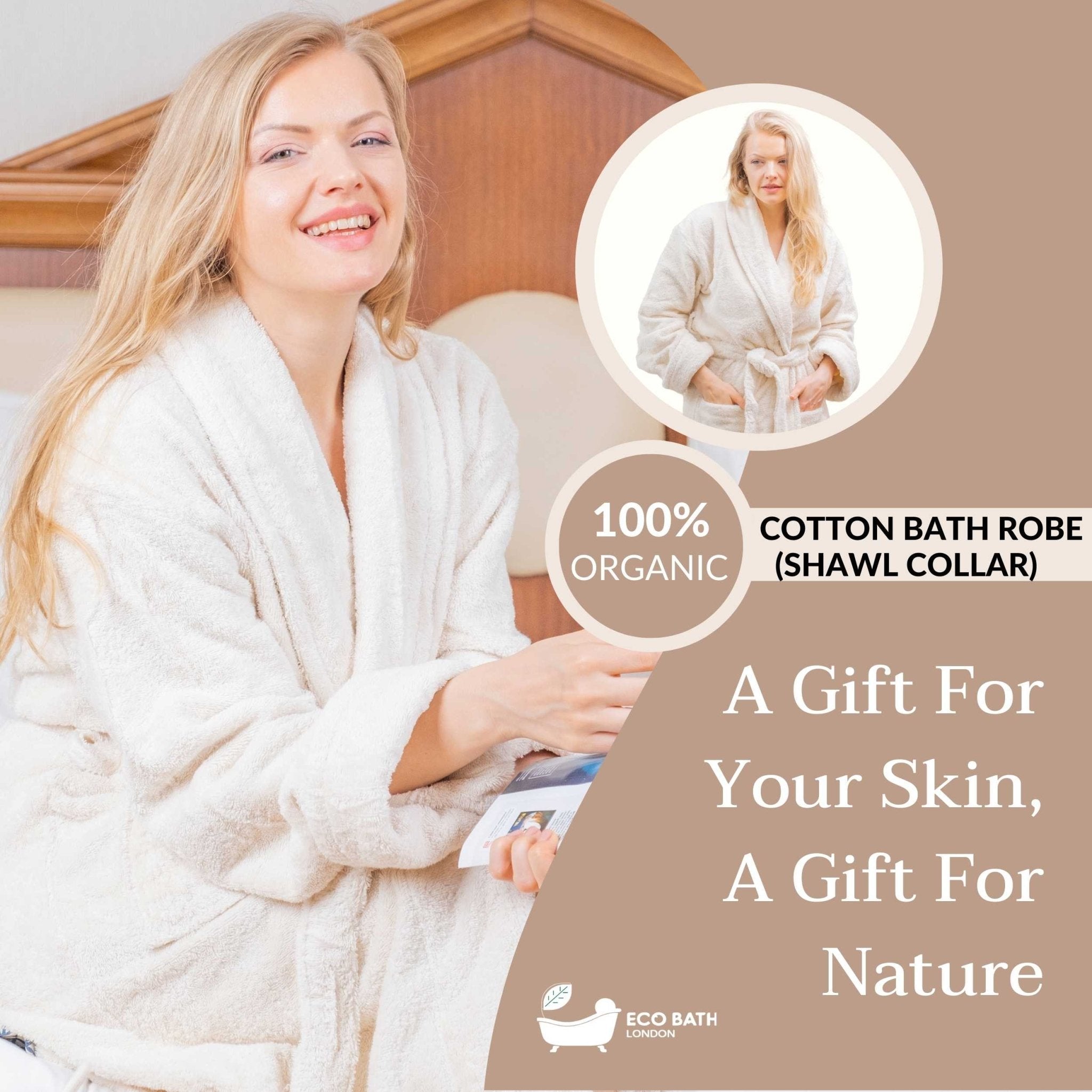 Eco Bath London Organic Cotton Shawl Collar Bath Robe - 100% Certified Organic Cotton