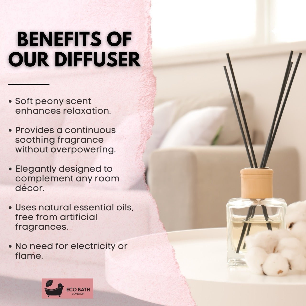 Eco Bath London Peony Reed Diffuser - Beautiful Bouquet of Peonies Fragrance, Intensive, Fresh & Long Lasting Room Diffuser, 100ml (3.38 Fl.Oz)