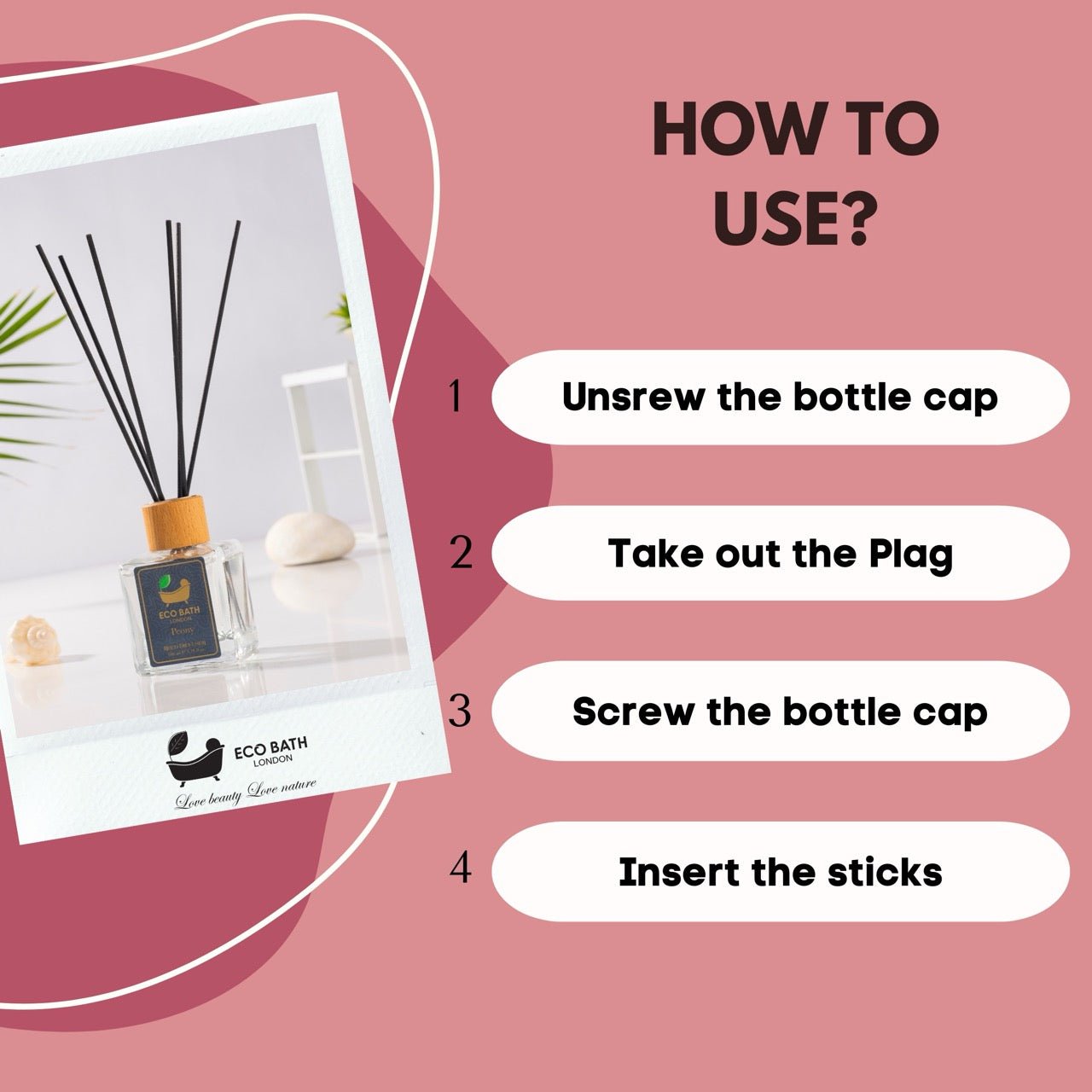 Eco Bath London Peony Reed Diffuser - Beautiful Bouquet of Peonies Fragrance, Intensive, Fresh & Long Lasting Room Diffuser, 100ml (3.38 Fl.Oz)