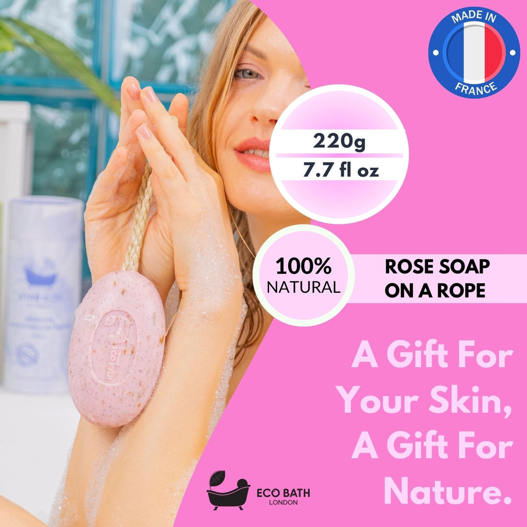 Eco Bath London Rose Soap on a Rope 220g - Luxurious and Eco Friendly Body Wash Bar with Shea Butter