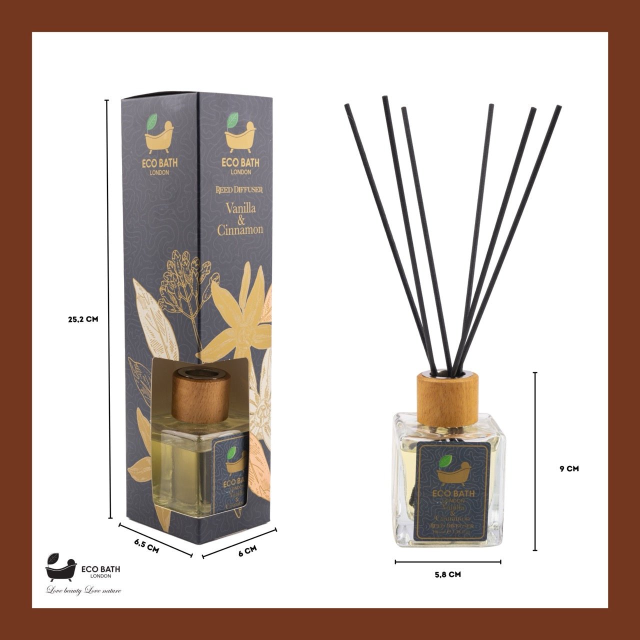Eco Bath London Vanilla Cinnamon Reed Diffuser - Luxurious Herbal Scent of Cinnamon and Vanilla, Long Lasting Room Diffuser, 100ml (3.38 Fl.Oz)