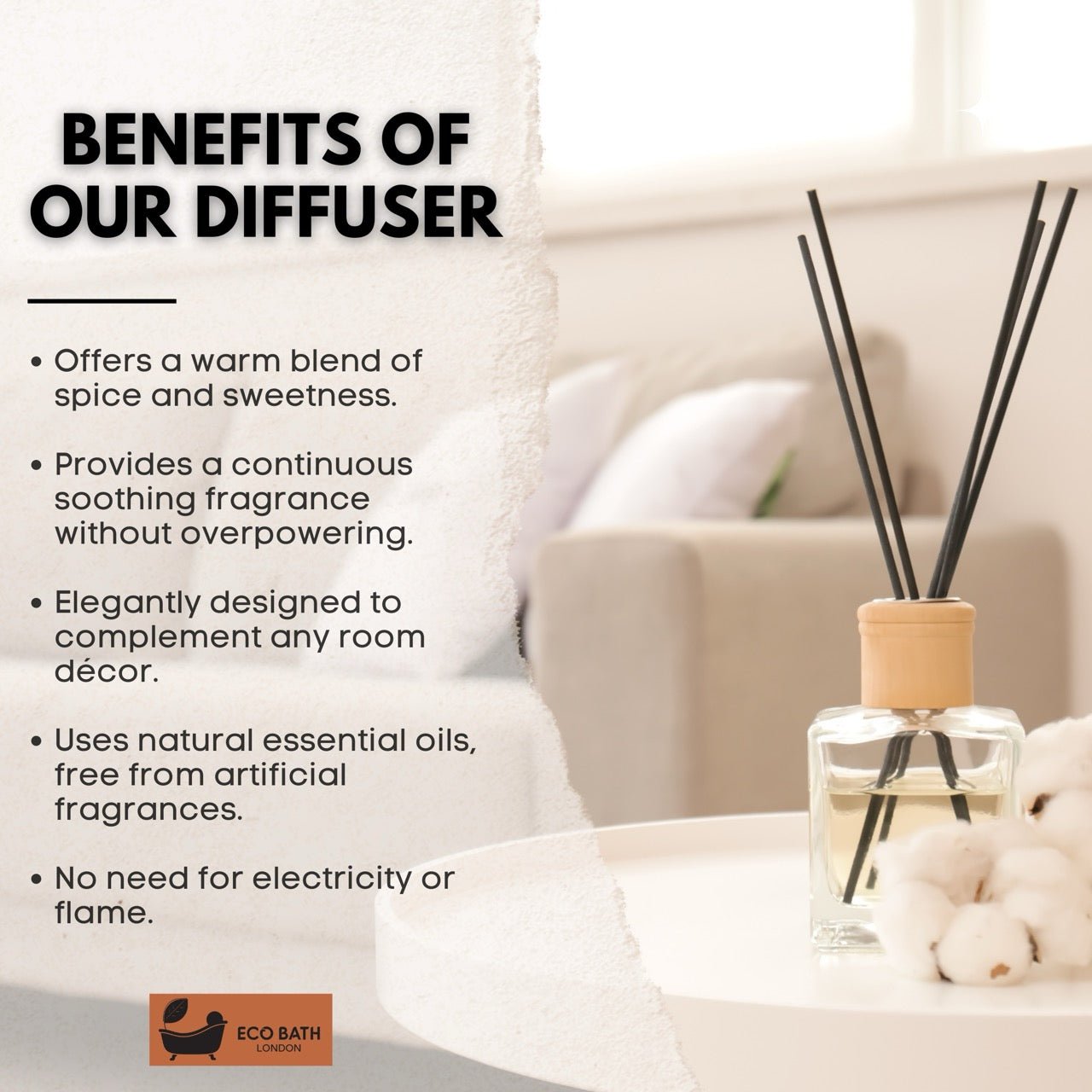 Eco Bath London Vanilla Cinnamon Reed Diffuser - Luxurious Herbal Scent of Cinnamon and Vanilla, Long Lasting Room Diffuser, 100ml (3.38 Fl.Oz)