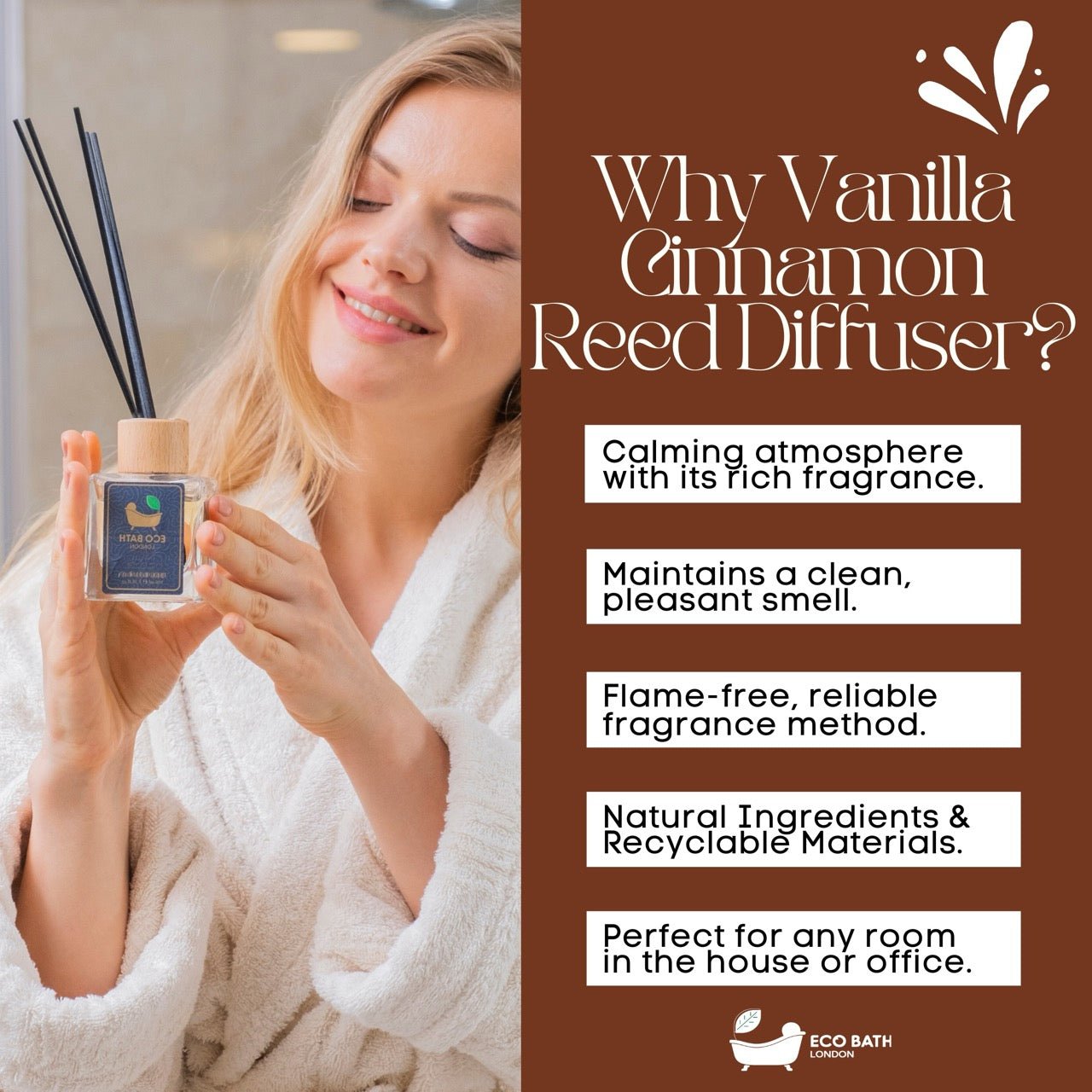 Eco Bath London Vanilla Cinnamon Reed Diffuser - Luxurious Herbal Scent of Cinnamon and Vanilla, Long Lasting Room Diffuser, 100ml (3.38 Fl.Oz)