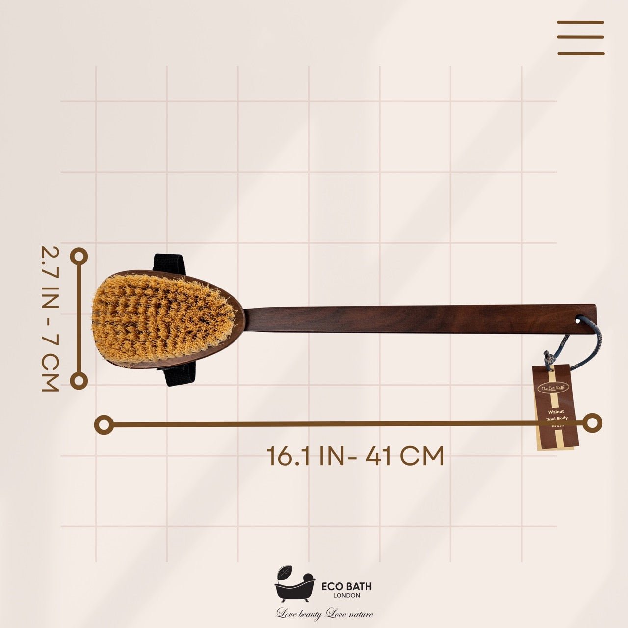 Eco Bath London Natural Sisal Walnut Wood Body Brush - Luxurious Dry Brushing Body Brush