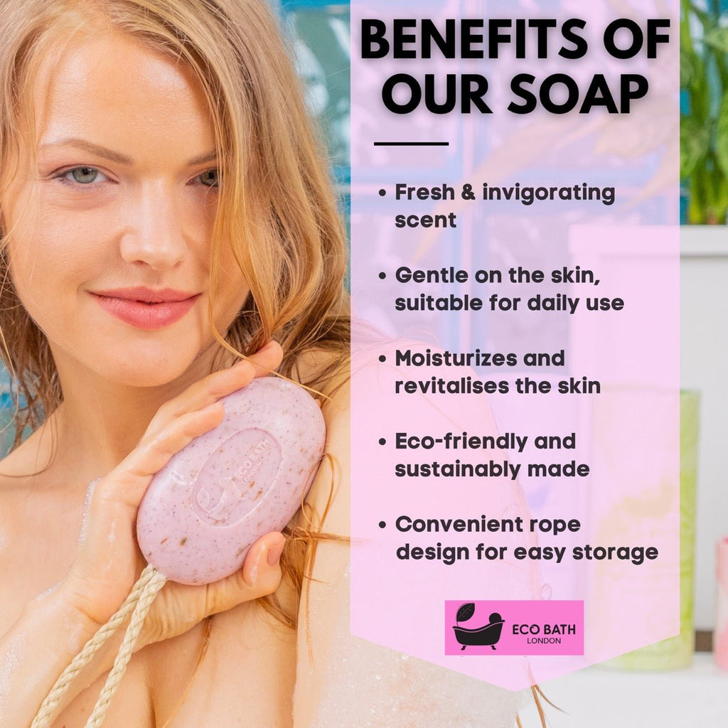 Eco Bath London Rose Soap on a Rope 220g - Luxurious and Eco Friendly Body Wash Bar with Shea Butter